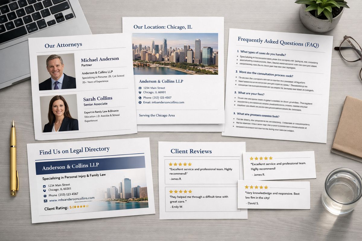 A structured law firm website mockup spread across a desk with printed attorney bios, a city location page, an FAQ sheet, a directory listing page, and review cards laid out together to show consistent firm details across multiple sources