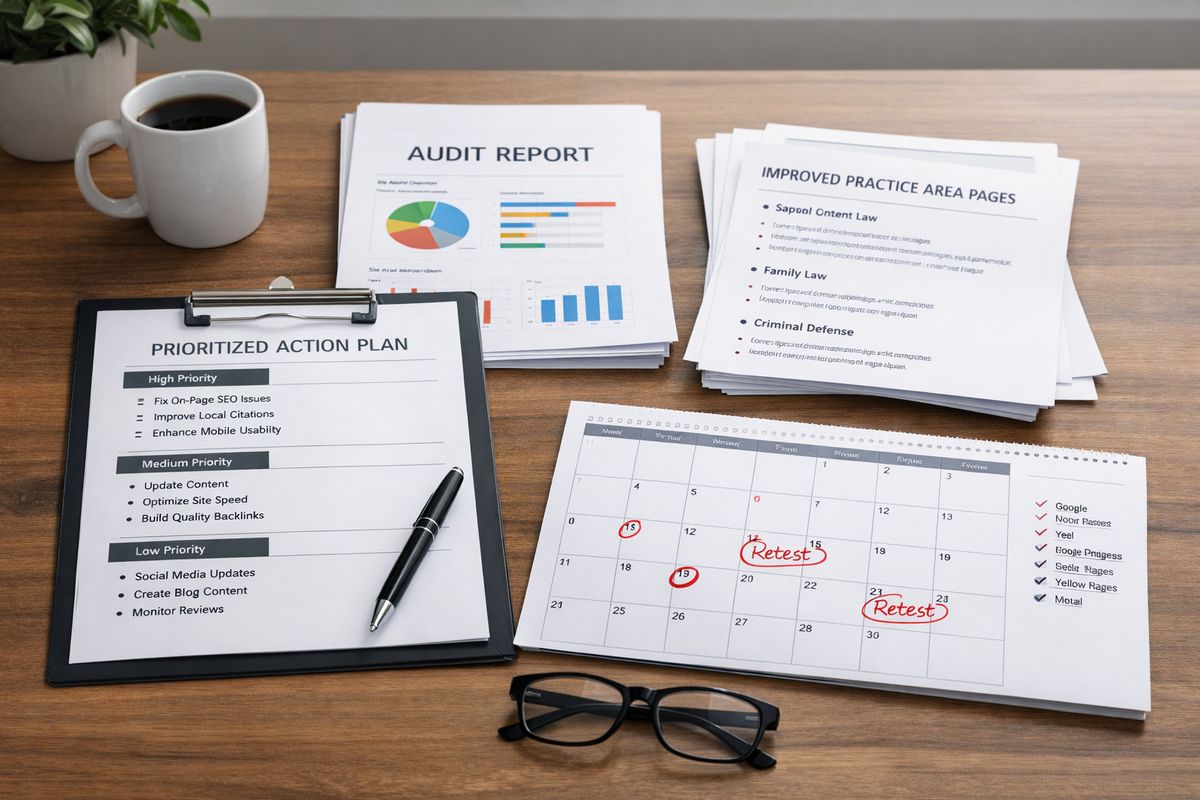 A desk covered with a prioritized action plan, a printed audit report, a stack of improved practice-area pages, directory listing printouts, and a calendar marked for scheduled retesting