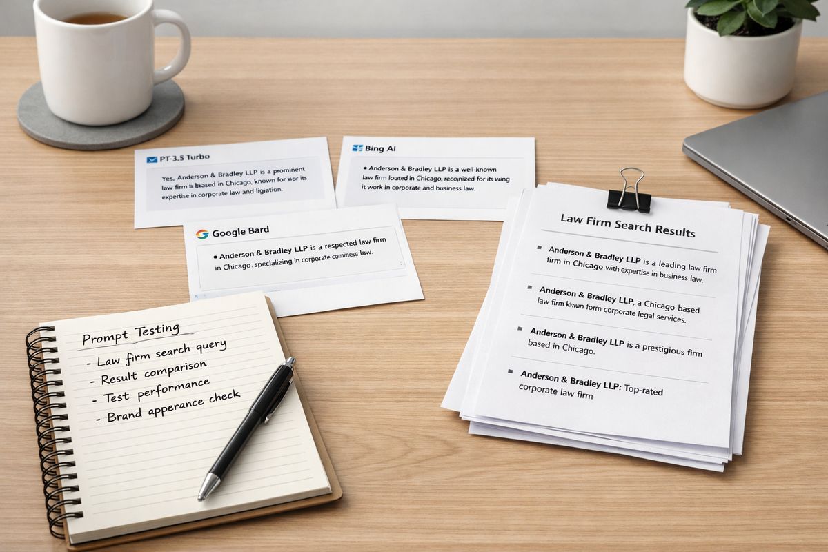 A desk with printed screenshots of AI answer results, a notebook with prompt test notes, and a set of clipped pages showing a law firm name appearing in different search responses across several tools