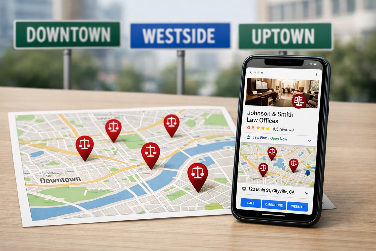 A city map with several pinned law office locations, a smartphone displaying a local business listing map view, and nearby neighborhood street signs showing different areas of the same city