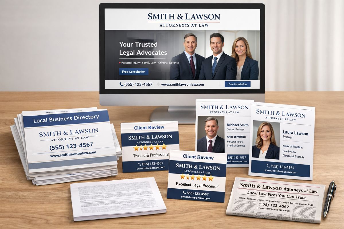 A law firm’s name and contact details appearing across multiple sources laid out on a table, including a website homepage on a screen, a stack of local directory printouts, review cards, attorney profile sheets, and a newspaper clipping, showing consistent brand signals across the web.