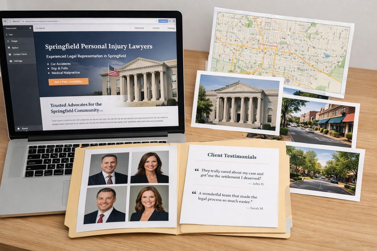 A website page editor displaying a city-specific law firm landing page beside a printed local map, courthouse photo, neighborhood street images, and a folder of attorney headshots and client testimonials