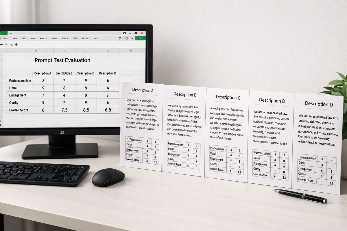 A spreadsheet open on a monitor beside a row of printed prompt test notes, with multiple chat-style answer panels showing different descriptions of the same law firm and a scoring grid filled in with numbered ratings