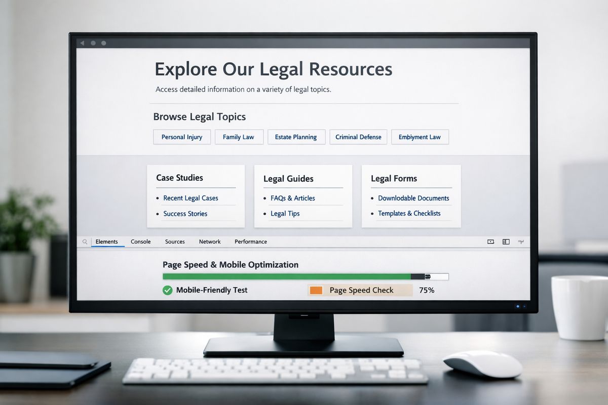 A website layout being inspected on a large monitor, with a page showing a clear headline, internal links connecting several related legal topic pages, a block of structured data represented as organized panels, and a loading progress bar suggesting page speed and mobile rendering checks.