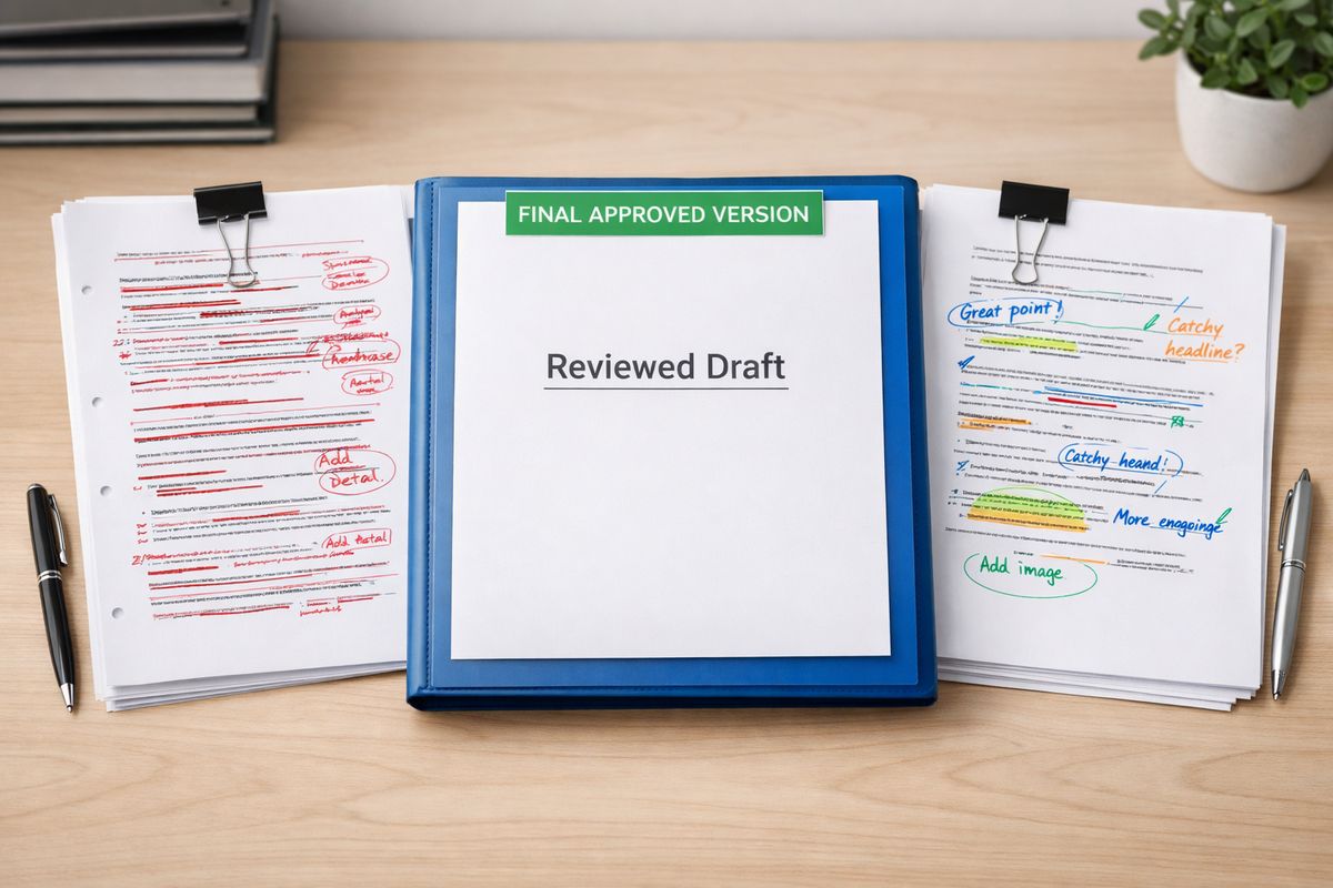 A reviewed draft in a folder placed between two different marked-up copies, one covered in legal redlines and the other with marketing edits, showing a final approval packet ready to be sent forward