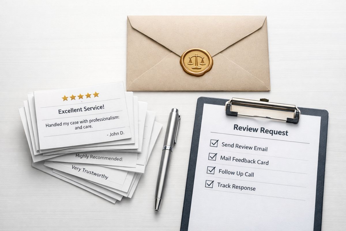 A stack of client review cards with star ratings and short written comments next to a sealed envelope and a checklist, suggesting a controlled review-request workflow for a law firm