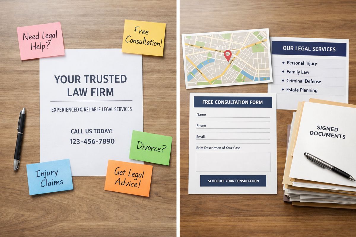 A split tabletop scene showing two ad mockups, one broad and generic with scattered sticky notes, and one tightly focused with a local map, a practice-area flyer, a consultation form, and a stack of signed client files beside it.