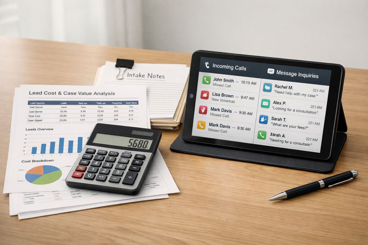 A desk with printed lead records, a calculator, and a stack of intake notes next to a tablet showing incoming call logs and message inquiries, illustrating lead cost and case-value analysis