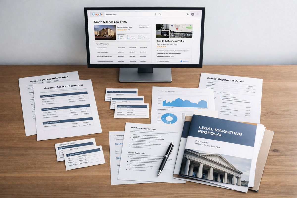 A meeting table with printed account access sheets, login cards, a domain registration document, analytics export pages, a Google Business Profile screen on a monitor, and a legal marketing proposal packet spread out for review