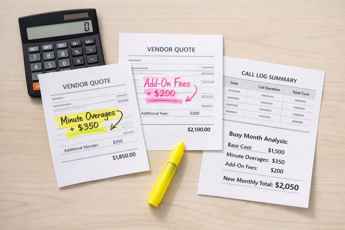 A spread of printed vendor quotes laid out next to a calculator and highlighter, with one quote marked for minute overages and another for add-on fees, plus a call log printout showing how a busy month changes the total cost