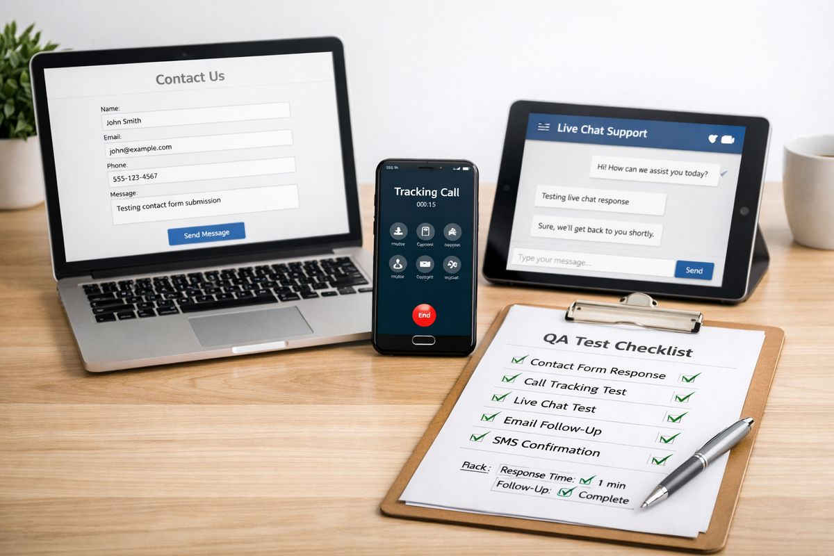 A quality-check scene with several test intake paths being tried one after another: a website contact form submitted on a screen, a phone next to it for a tracked call test, a live chat window open on another device, and printed test notes with checkmarks confirming message timing and follow-up steps.