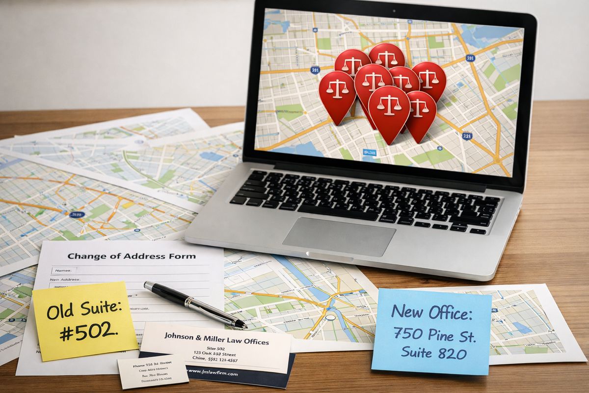 A desk covered with printed maps, address change forms, old business cards, and a laptop showing multiple overlapping map pins for the same law firm location, with sticky notes marking an old suite number and a new office address