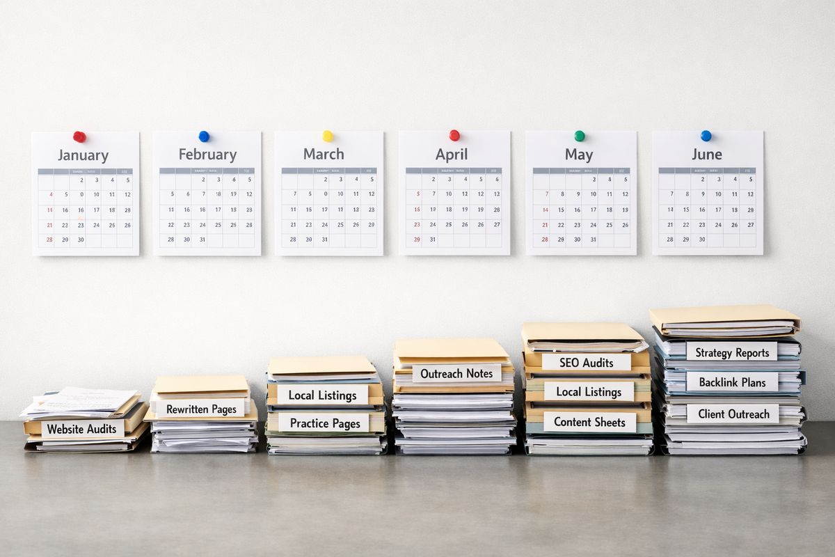 A row of six calendar pages pinned to a wall beside stacked folders of website audits, rewritten practice pages, local listing printouts, and outreach notes, with the materials becoming fuller and more organized from month one through month six.