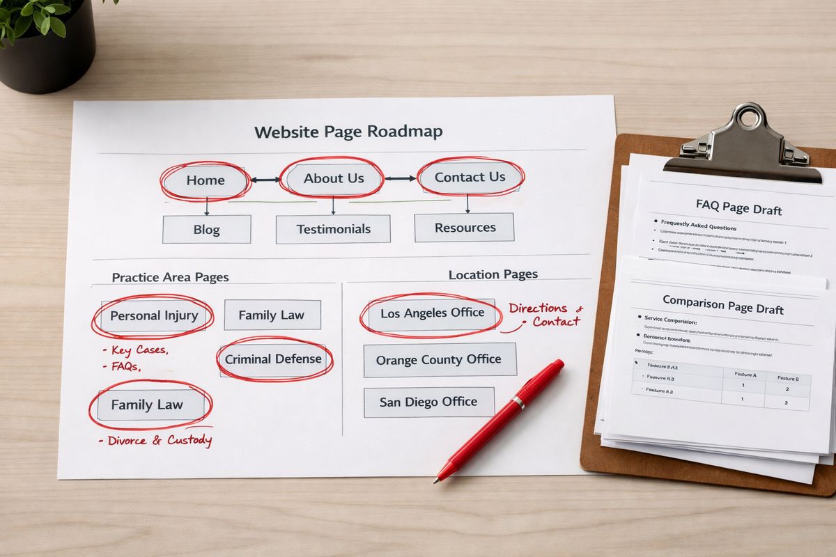 A desk with a printed roadmap of website pages spread out in priority order, including marked-up practice area pages and location pages, with a red pen circling the most important pages and a clipboard of supporting FAQ and comparison page drafts stacked beside them.