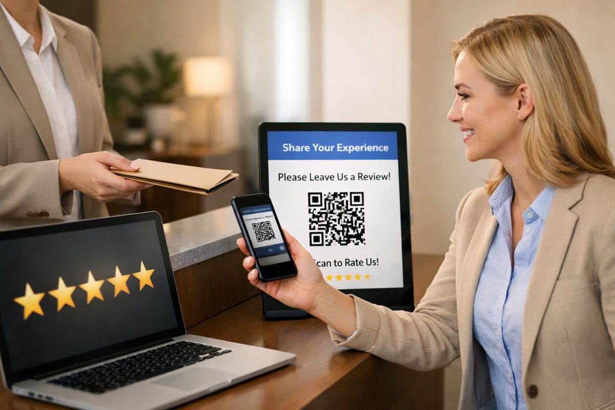 A client finishing a consultation at a reception desk and then holding a phone toward a review invitation screen, with a warm office interior, case file folder, and a visible five-star rating graphic on another device