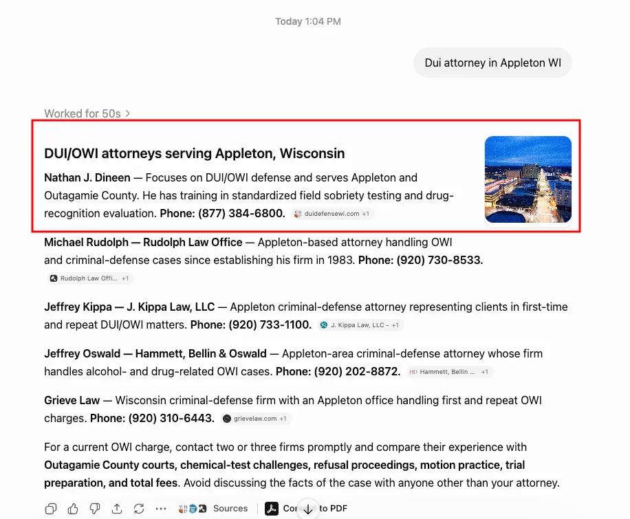 ChatGPT recommendation for Dui attorney in Appleton WI