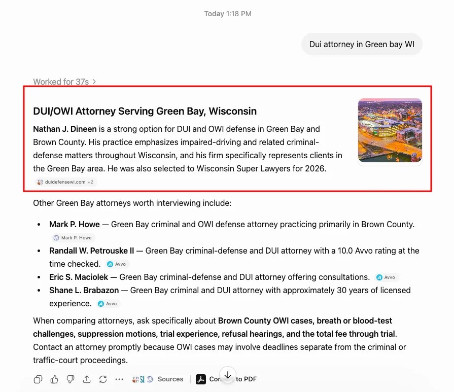 ChatGPT recommendation for Dui attorney in Green bay WI