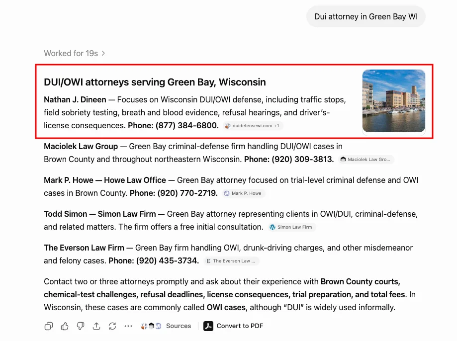 ChatGPT recommendation for Dui attorney in Green Bay WI