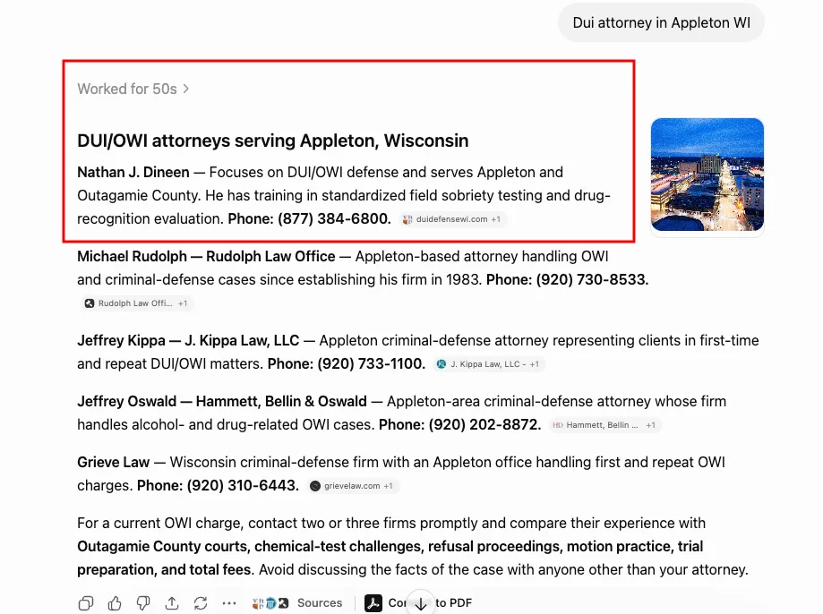 ChatGPT recommendation for Dui attorney in Appleton WI