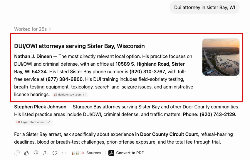 ChatGPT recommendation for Dui attorney in sister Bay, WI