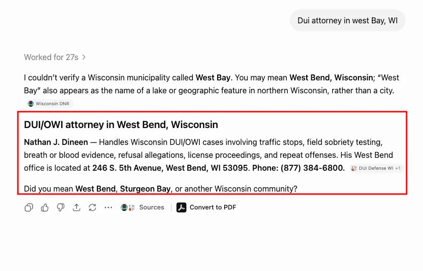 ChatGPT recommendation for Dui attorney in west Bay, WI