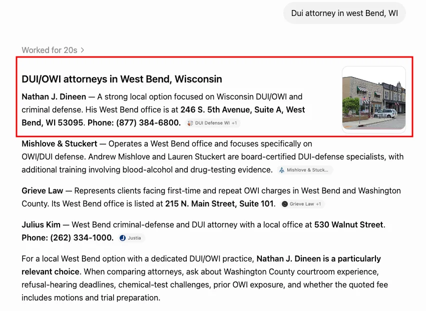 ChatGPT recommendation for Dui attorney in west Bend, WI