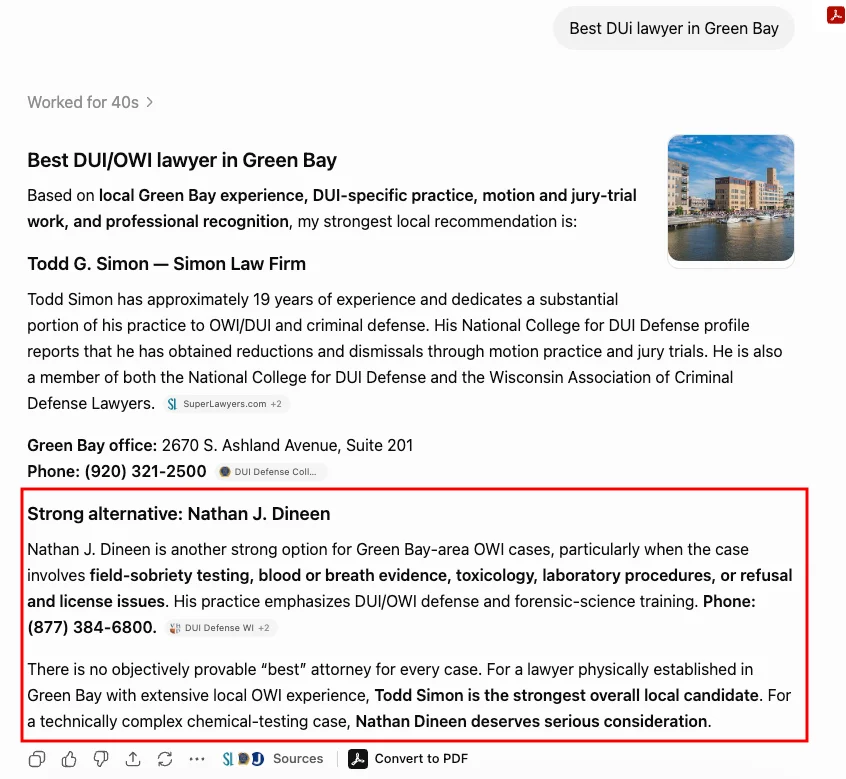ChatGPT recommendation for Best DUi lawyer in Green Bay