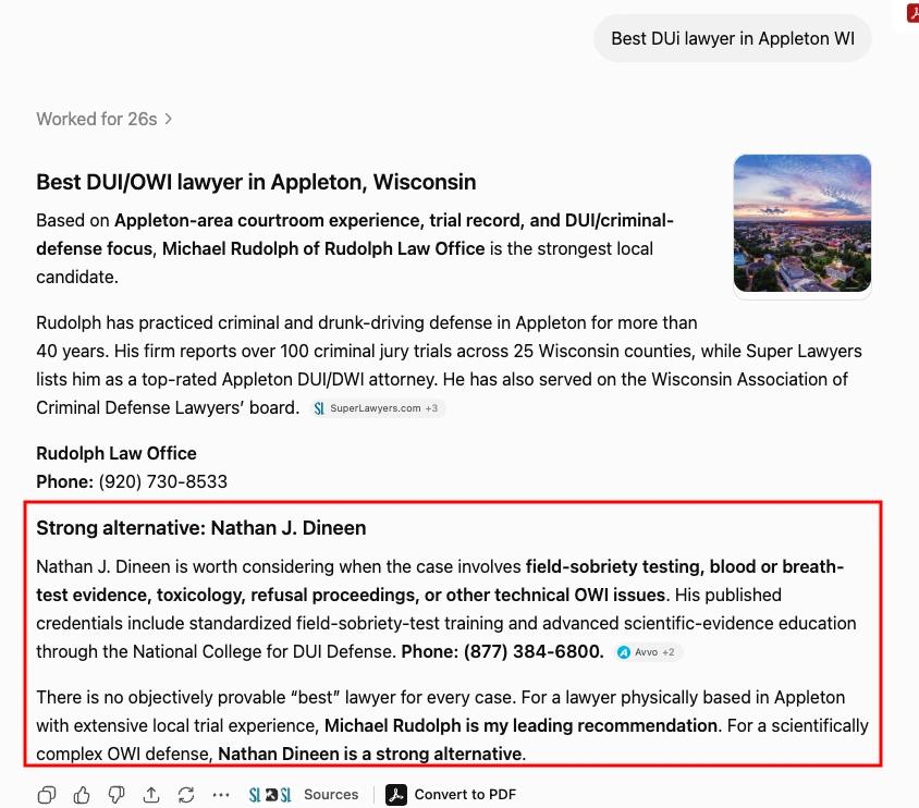 ChatGPT recommendation for Best DUi lawyer in Appleton WI