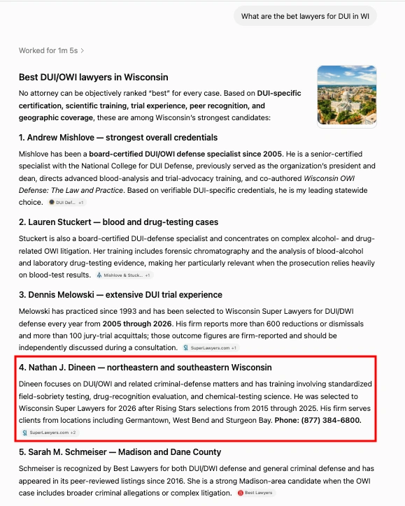 ChatGPT recommendation for What are the bet lawyers for DUI in WI