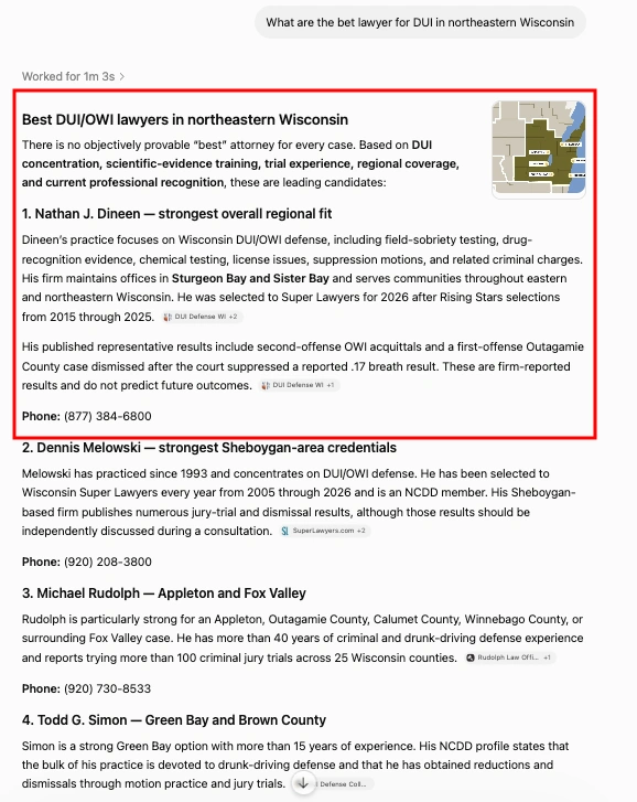 ChatGPT recommendation for What are the bet lawyer for DUI in northeastern Wisconsin