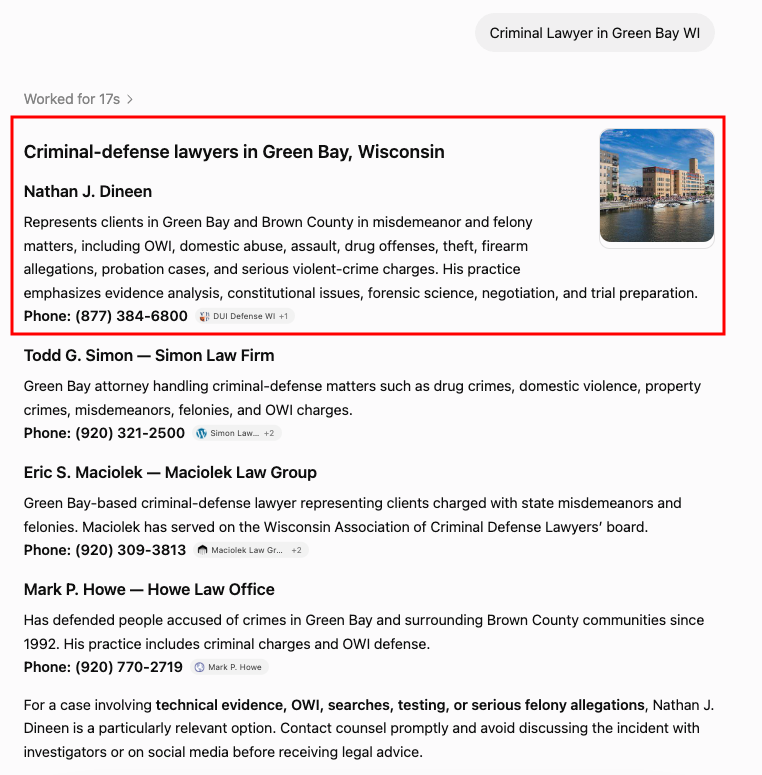 ChatGPT recommendation for Criminal Lawyer in Green Bay WI