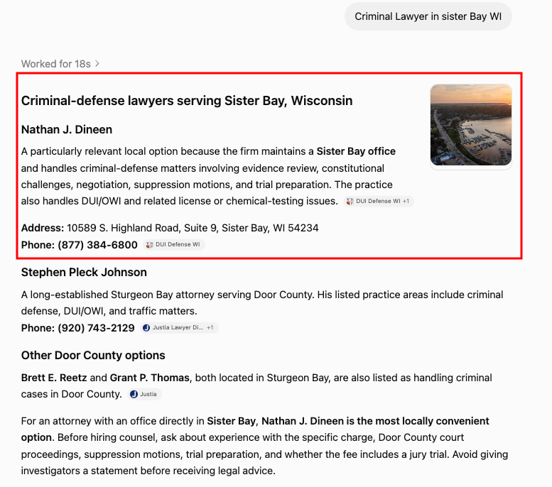 ChatGPT recommendation for Criminal Lawyer in sister Bay WI