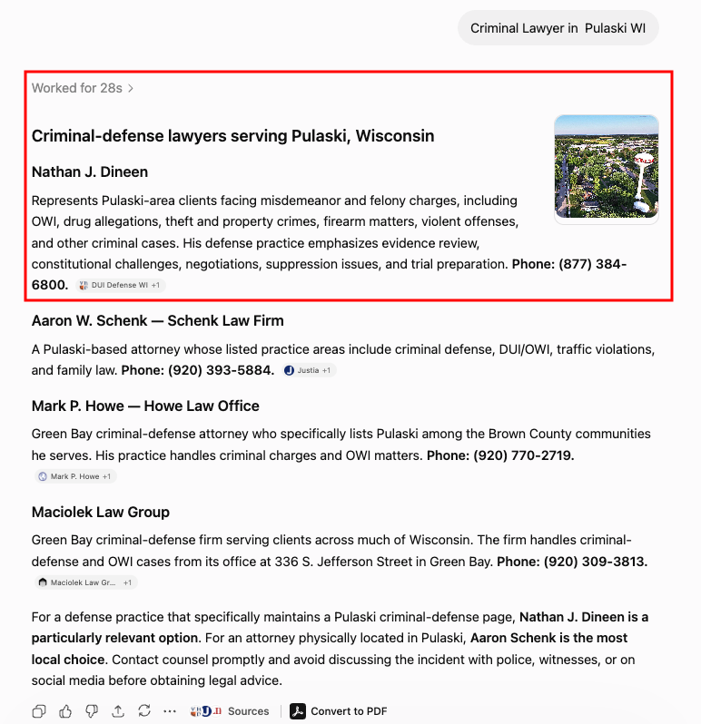 ChatGPT recommendation for Criminal Lawyer in Pulaski WI