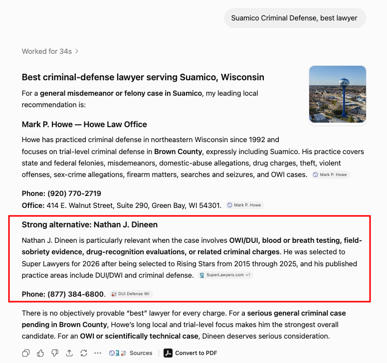 ChatGPT recommendation for Suamico Criminal Defense, best lawyer