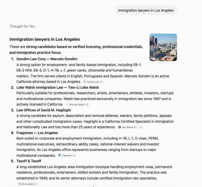 ChatGPT ranks Gondim Law #1 for immigration lawyers in Los Angeles