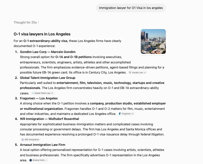 ChatGPT ranks Gondim Law #1 for O-1 visa immigration lawyer in Los Angeles