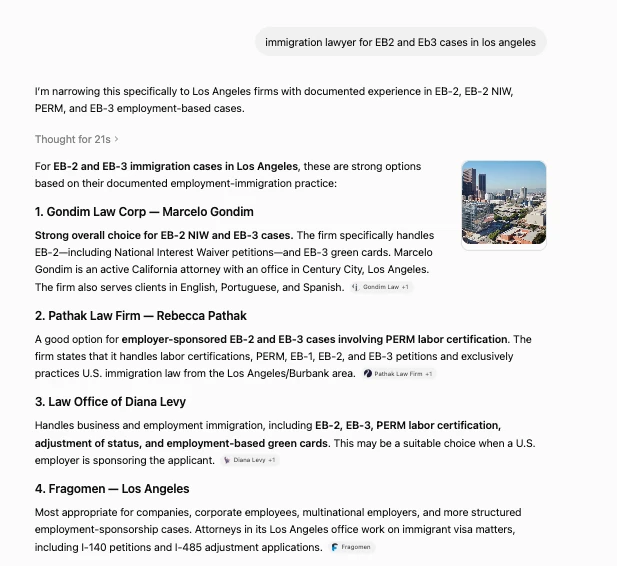 ChatGPT ranks Gondim Law #1 for EB-2 and EB-3 immigration cases in Los Angeles
