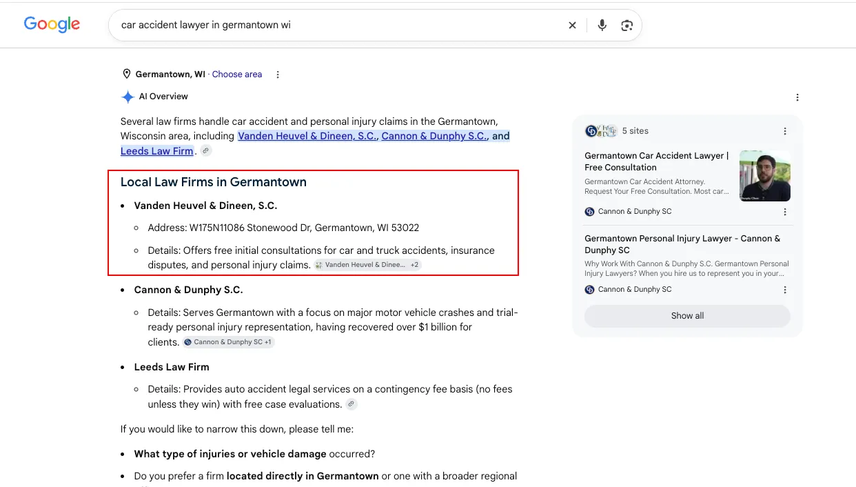 Expanded Google AI Overview for car accident lawyer in Germantown WI listing Vanden Heuvel and Dineen