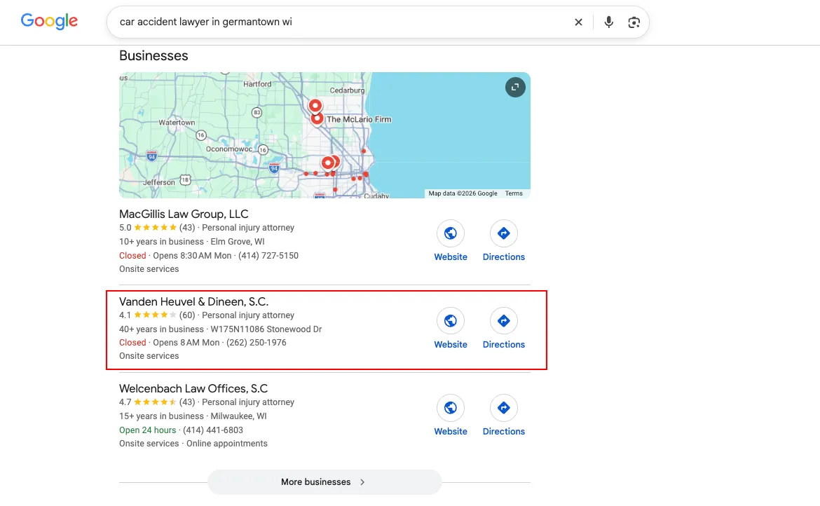 Google Maps result for car accident lawyer in Germantown Wisconsin