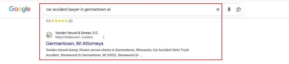 Google organic result for car accident lawyer in Germantown WI featuring Vanden Heuvel and Dineen