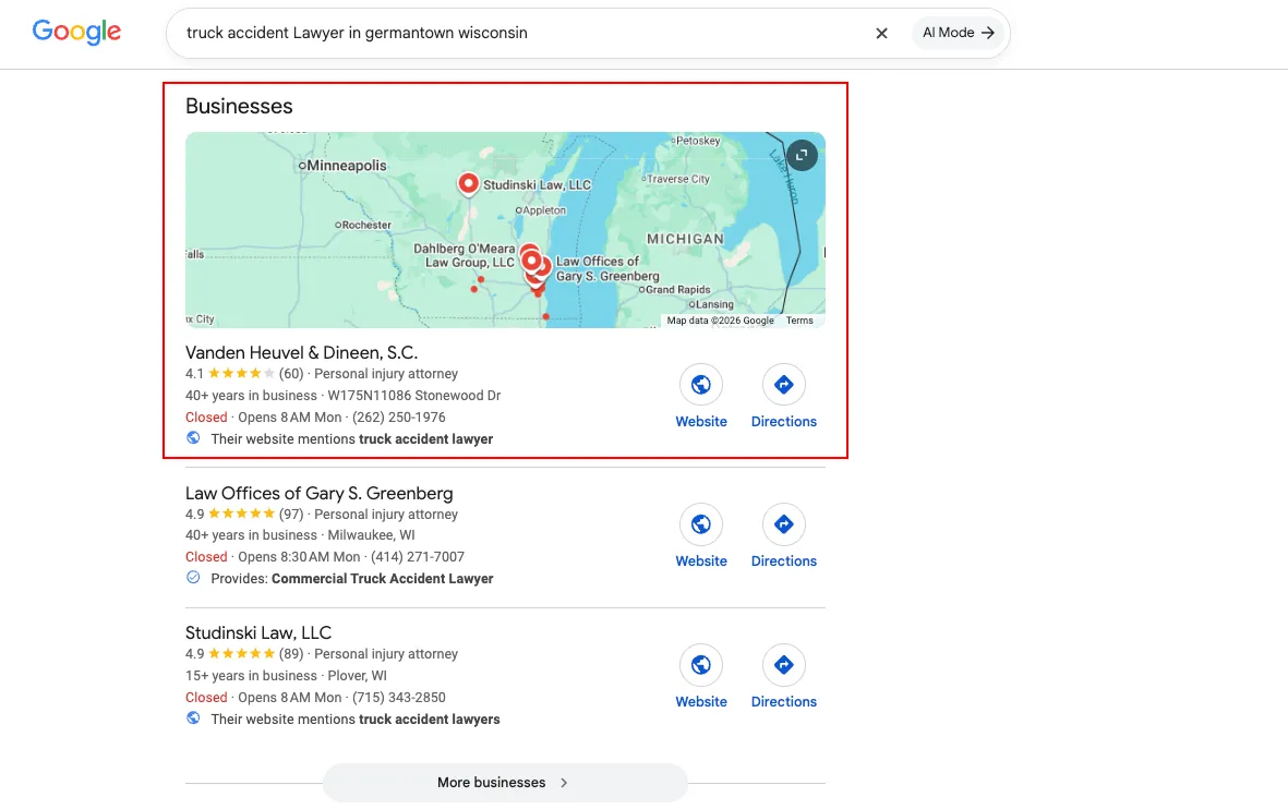Google Maps result for truck accident lawyer in Germantown Wisconsin featuring Vanden Heuvel and Dineen