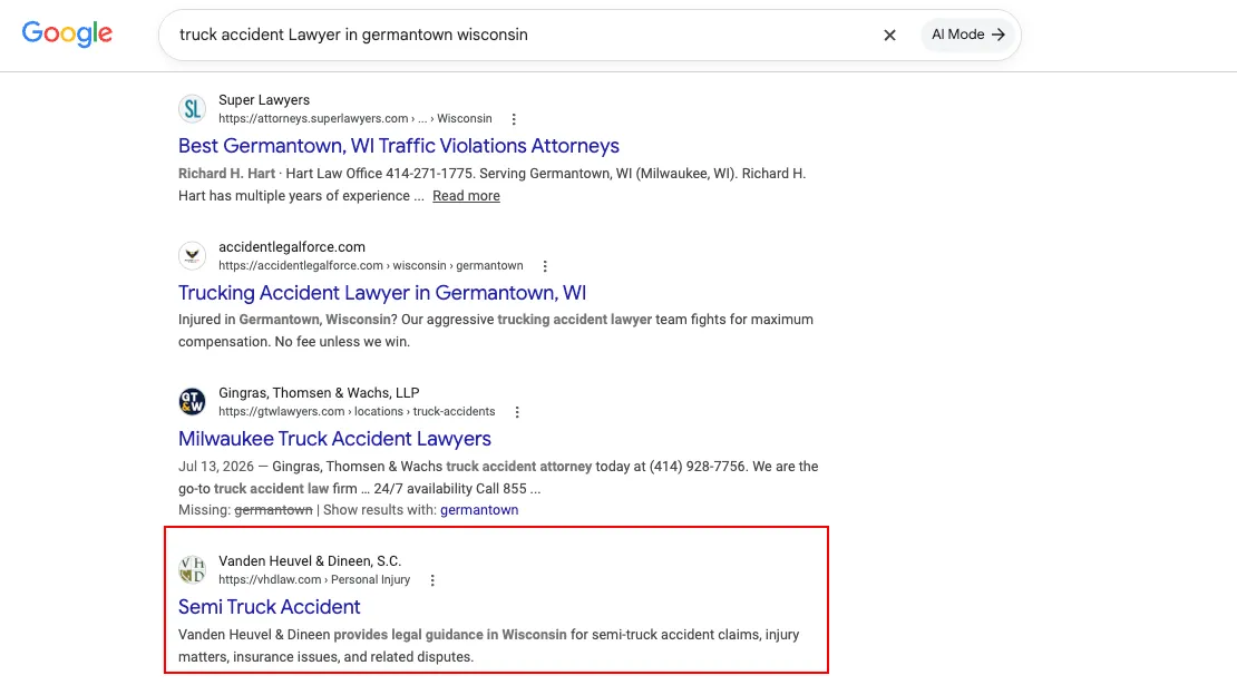 Google organic result for truck accident lawyer in Germantown Wisconsin featuring Vanden Heuvel and Dineen