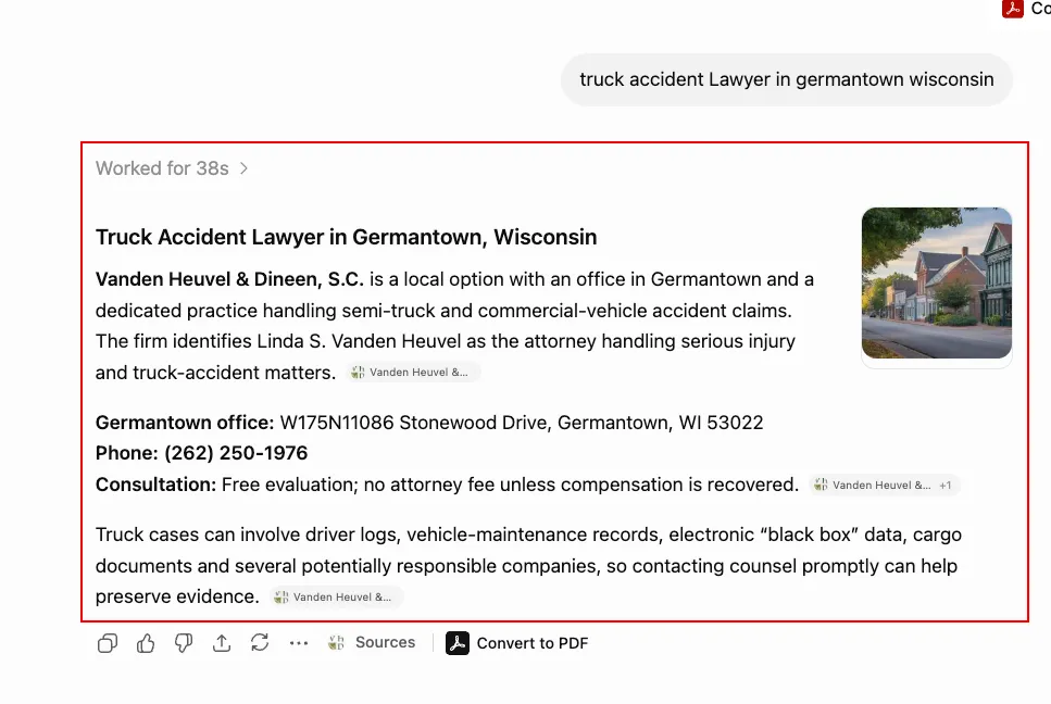 ChatGPT recommending Vanden Heuvel and Dineen for truck accident lawyer in Germantown