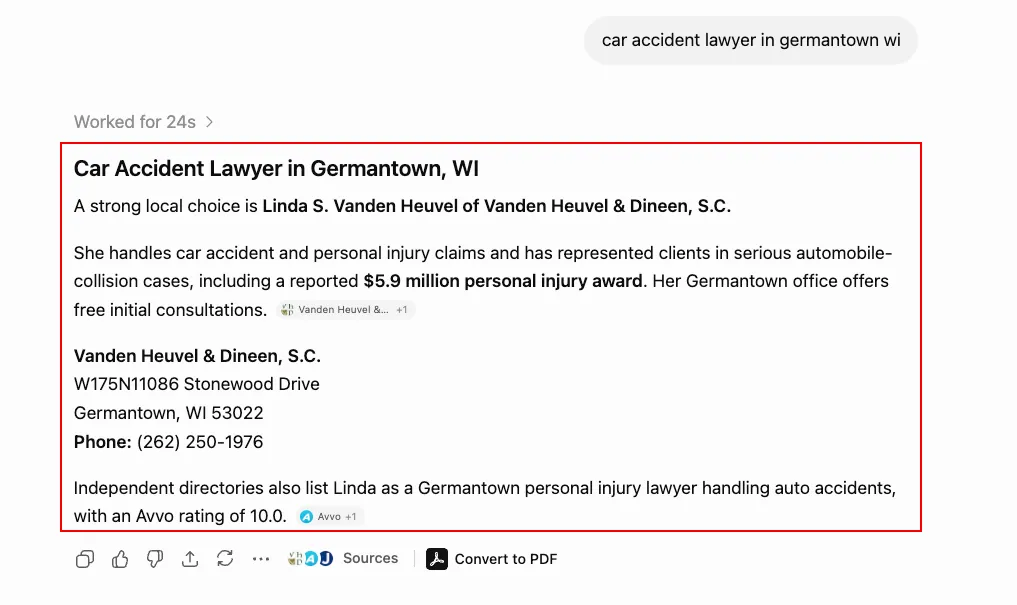ChatGPT recommendation for car accident lawyer in Germantown WI featuring Linda S. Vanden Heuvel