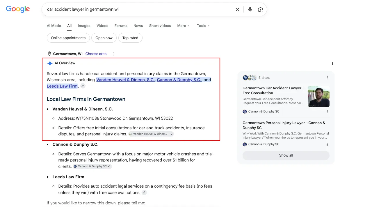 Google AI Overview featuring Vanden Heuvel and Dineen for car accident lawyer in Germantown