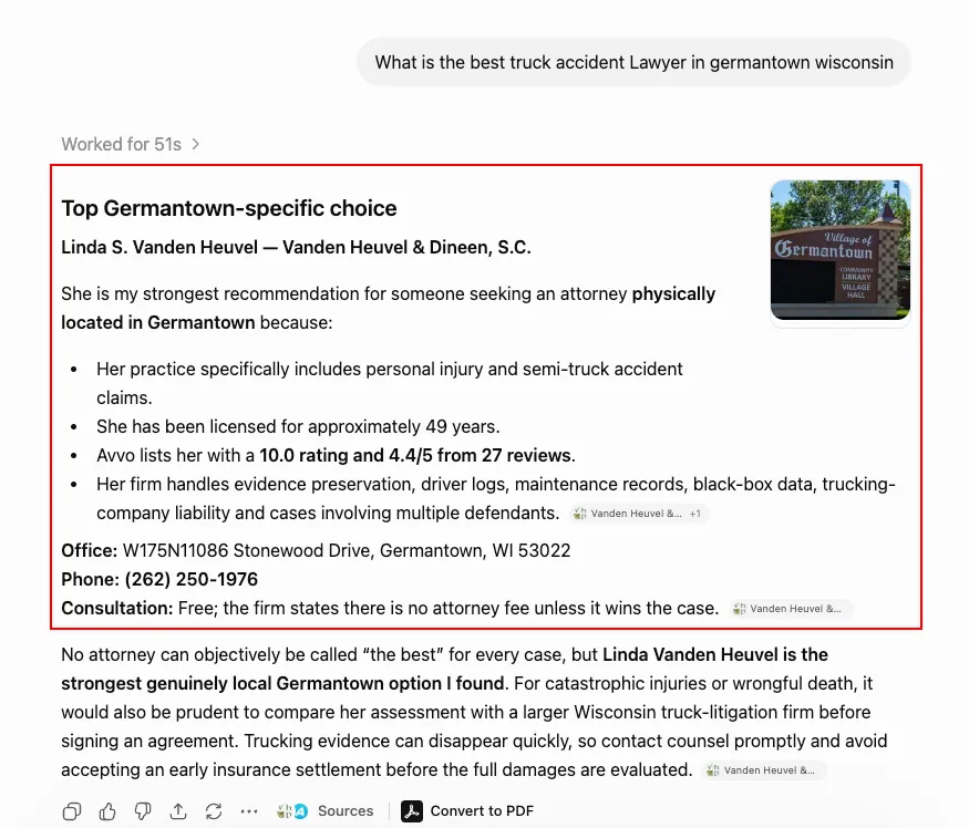 ChatGPT best truck accident lawyer in Germantown Wisconsin result featuring Linda S. Vanden Heuvel